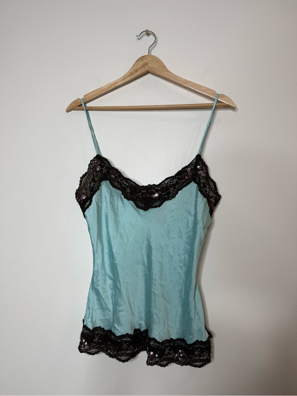 Y2K New York & Company 100% Silk Lace Trim Cami Tank medium Tiffany blue brown